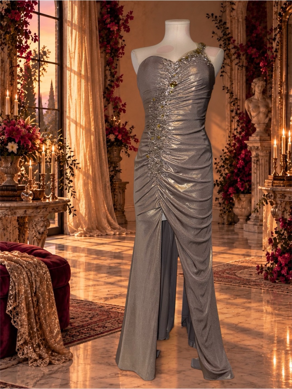 Alberto Makali Gunmetal / Gold One-Shoulder Ruched Evening Gown Jewel Accents